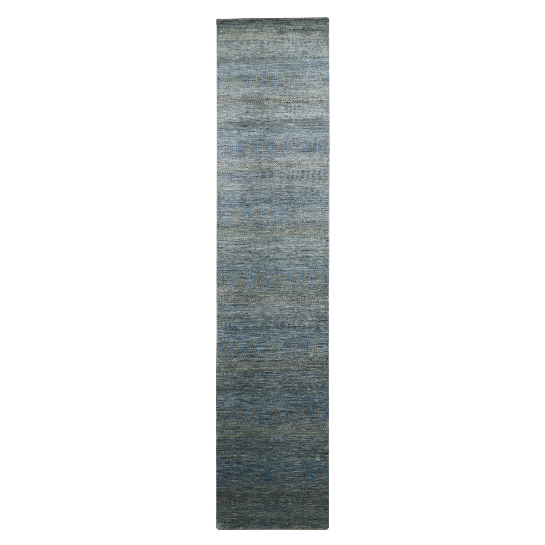 Ensign Blue, Wool and Silk, Modern Grass Design, Hand Knotted, Denser Weave, Lush and Plush, Runner, Oriental Rug